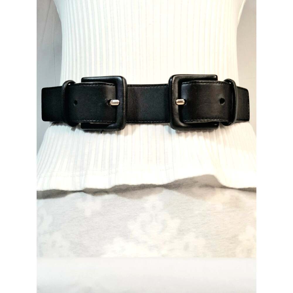 J McLaughlin Womens Black Faux Leather Two Piece Belt M Double Square Buckles